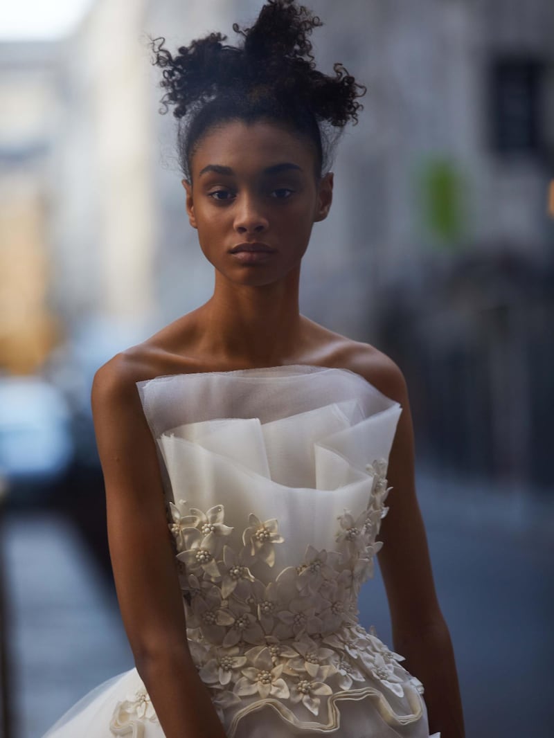 through the lens: Photography | Chantelle Dosser 
fashion director | Sarah Maisey

Imperial Lilies off-white belted dress with a tulip-shaped skirt with organza embroidery and a tulle bust with organza lilies, Azzi & Osta Haute Couture