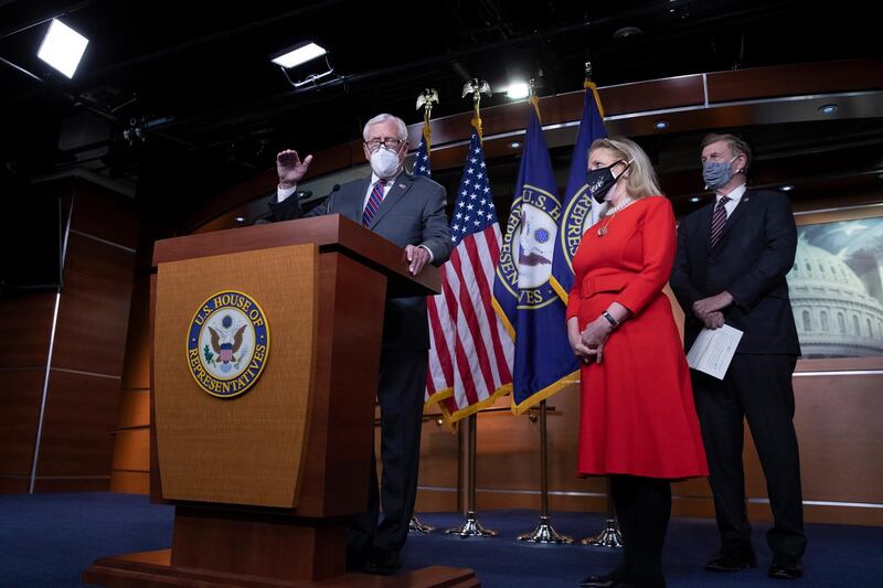 epa08902643 US House Majority Leader Democrat Steny Hoyer (L) participates in a news conference beside Democratic Representative from Michigan Debbie Dingell (2-R) and Democratic Representative from Virginia Don Beyer (R), on Capitol Hill in Washington, DC, USA, 24 December 2020. US House Democrats on Christmas Eve attempted to pass a bill by unanimous consent that would raise direct checks to individuals to two thousand US dollars, up from 600 dollars, and four thousand dollars to couples, after US President Trump indicated he would not sign a coronavirus stimulus package and government spending bill that passed both chambers of Congress on 21 December. The unanimous consent request was blocked by House Republicans.  EPA/MICHAEL REYNOLDS / POOL