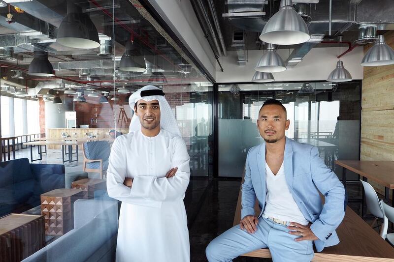 GlassQube co-founders Bernard Lee, right, and Fahad Al Ahbabi provide affordable workspace and support services for start ups in Abu Dhabi. Delores Johnson / The National
