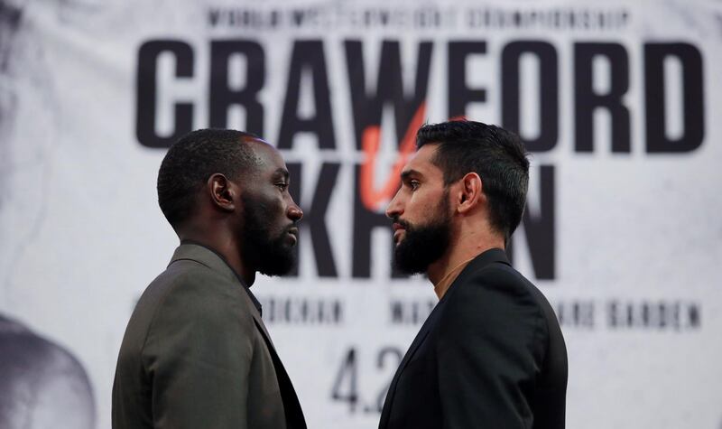 Terence Crawford and Amir Khan go head to head during the press conference ahead of their fight on Saturday at Madison Square Garden in New York. Reuters