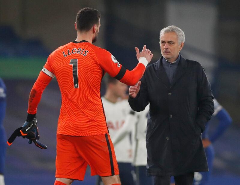 Tottenham Hotspur manager Jose Mourinho shakes hands with his goalkeeper Hugo Lloris after the goalless draw with Chelsea at Stamford Bridge on Sunday, November 29. Reuters