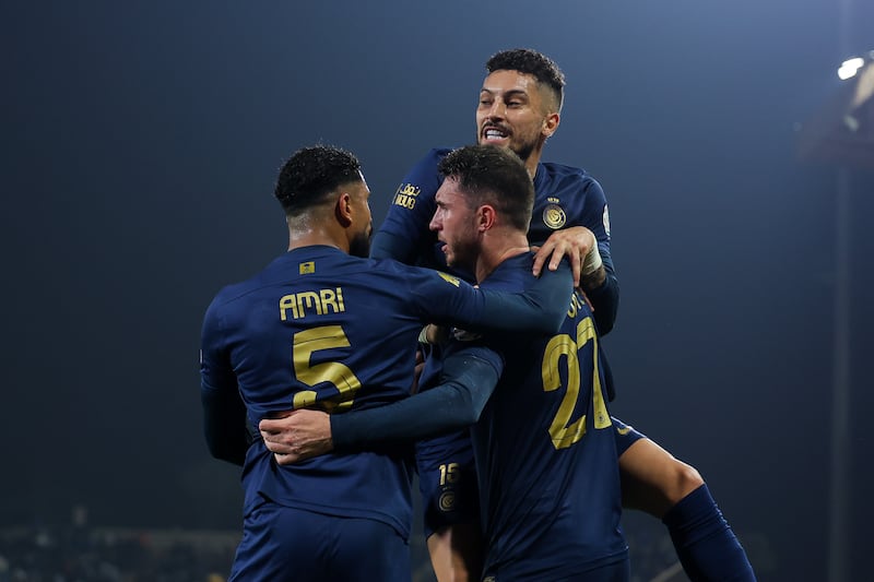 AL Nassr players celebrate with Aymeric Laporte after he scored the second goal. Getty Images