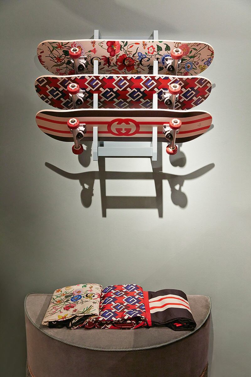 Gucci-patterned skateboard decks.