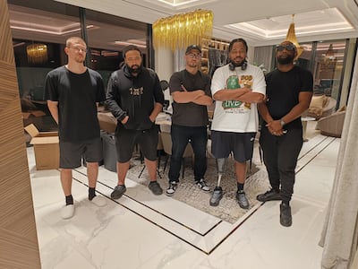 From left, producers Lesternowhere, Adey, Swerte, musician Quentin Miller and producer Vincent Berry inside the Dubai villa where Vultures 1 was recorded. Photo: Swerte
