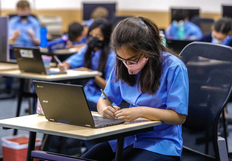 Abu Dhabi, United Arab Emirates, February 16, 2021.  Pupils return to school on Sunday at British School Al Khubairat.  Pupils are distanced in class and are required to wear their face masks throuought the day.
Victor Besa/The National
Reporter:  Haneen Dajani
Section:  NA