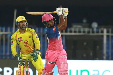 Sanju Samson of RR plays a shot during match 4 of season 13 of the Indian Premier League (IPL) between Rajasthan Royals and Chennai Super Kings held at the Sharjah Cricket Stadium, Sharjah in the United Arab Emirates on the 24th September 2020. Photo by: Rahul Gulati / Sportzpics for BCCI