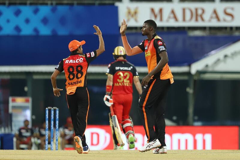 Jason Holder of Sunrisers Hyderabad celebrates the wicket of  Virat Kohli Captain of Royal Challengers Bangalore during match 6 of the Vivo Indian Premier League 2021 between the Sunrisers Hyderabad and the Royal Challengers Bangalore held at the M. A. Chidambaram Stadium, Chennai on the 14th April 2021.

Photo by Faheem Hussain / Sportzpics for IPL