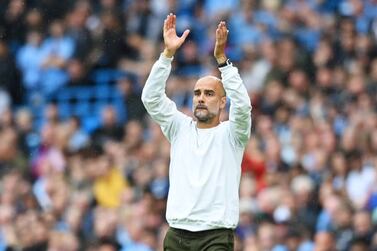 MANCHESTER, ENGLAND - AUGUST 21: Pep Guardiola, Manager of Manchester City reacts during the Premier League match between Manchester City and Norwich City at Etihad Stadium on August 21, 2021 in Manchester, England. (Photo by Michael Regan / Getty Images)