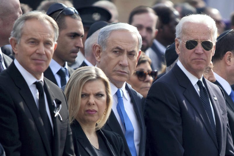 JERUSALEM, ISRAEL - JANUARY 13:  (ISRAEL OUT) US Vice President Joe Biden (R),  Israeli Prime Minister Benjamin Netanyahu (2nd R) and his wife Sara and Former British Prime Minister Tony Blair (L) during a state memorial service for Israel's former Prime Minister Ariel Sharon at Israel's parliament, the Knesset on January 13, 2014 in Jerusalem, Israel. A military ceremony for Ariel Sharon will be held in at Latrun before he is buried near Sycamore Farm, the former Prime Minister's residence, beside the grave of his wife Lili. Former PM Ariel Sharon's died on Saturday aged 85 in Tel Hashomer hospital near Tel Aviv and had been in a coma since January 4, 2006.  (Photo by Lior Mizrahi/Getty Images)