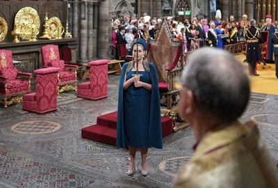 Potential leadership challenger Penny Mordaunt acting as sword bearer at the coronation of King Charles III in London last May. AP