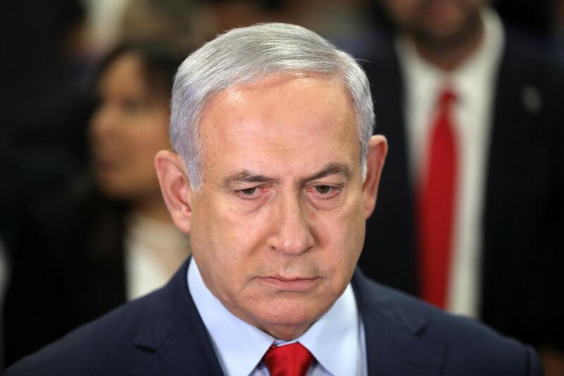 epa07611457 Israeli Prime Minister Benjamin Netanyahu gives a statement to the media after a vote at the Knesset (Israeli parliament) on a bill to dissolve the Israeli Parliament and go to additional elections in Jerusalem, 29 May 2019. According to local reports, coalition negotiations between Israeli Prime Minister Netanyahu's Likud party and Avigdor Lieberman's Yisrael Beiteinu party following disagreements about the recruitment of ultra-Orthodox Jews into the Israeli Army did not succeed as a 29 May at midnight deadline is looming to form a government. The Knesset voted to dissolve and hold new general elections.  EPA/ABIR SULTAN