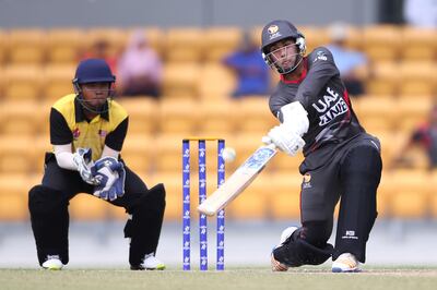 UAE's #6 Alisan Sharafu play a shot. Courtesy ICC