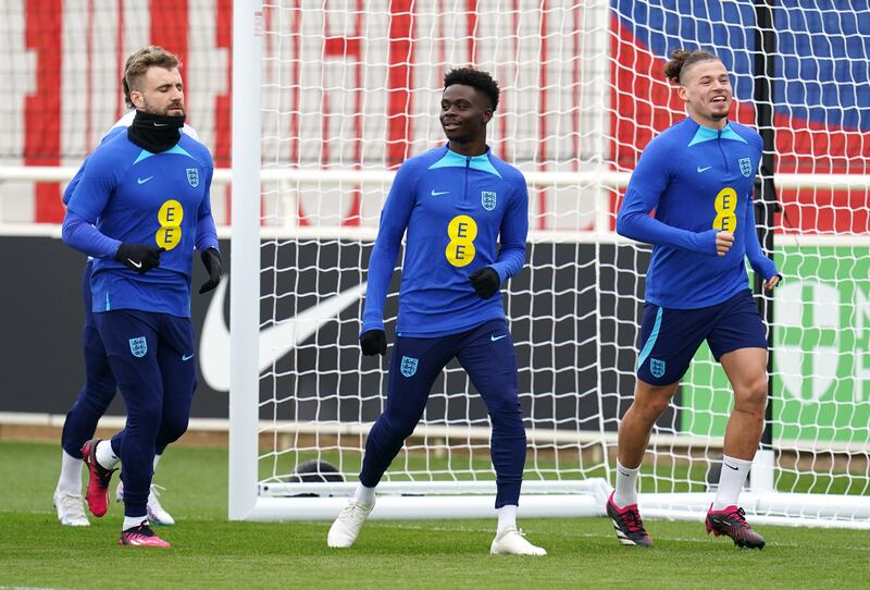 Left to right: England's Luke Shaw, Bukayo Saka and Kalvin Phillips. PA