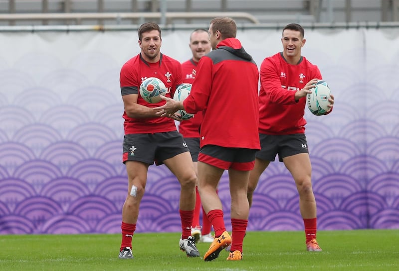 Wales doing ball handling skills during a training session at the Prince Chichibu Memorial Rugby Ground, Tokyo. PA Photo