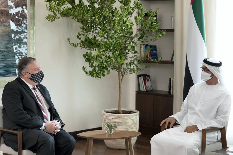 ABU DHABI, UNITED ARAB EMIRATES - November 21, 2020: HH General Sheikh Mohamed bin Zayed Al Nahyan Crown Prince of Abu Dhabi Deputy Supreme Commander of the UAE Armed Forces (R), meets with Michael R. Pompeo, Secretary of State of the United States of America (L), at Al Shati Palace.

( Hamad Al Mansoori / Ministry of Presidential Affairs  )
---