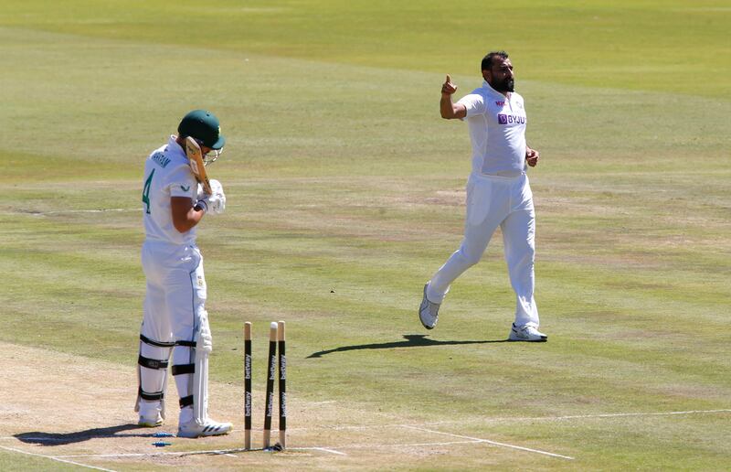 India bowler Mohammed Shami celebrates taking the wicket of South Africa's Aiden Markram. Reuters