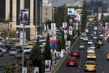 Campaign banners line a road in the Jordanian capital Amman ahead of parliamentary elections on November 10, 2020. Reuters