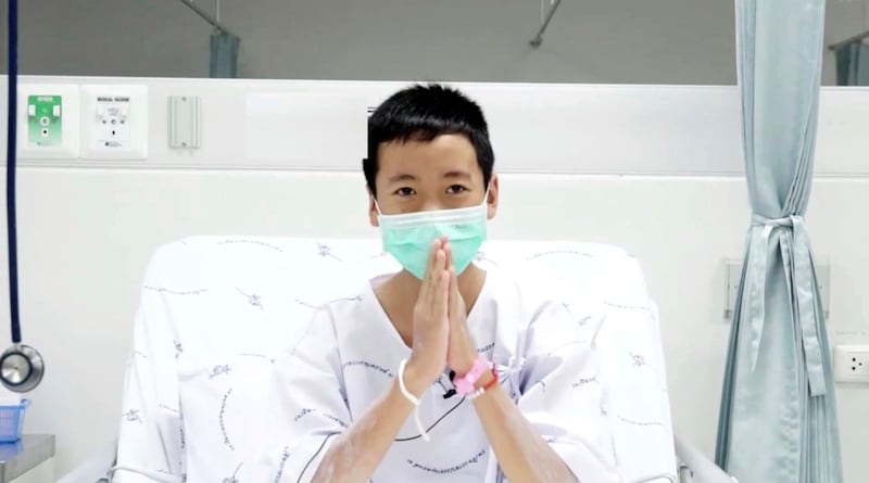 This image made from a video taken on July 13, 2018 and released by Chiang Rai Prachanukroh Hospital, shows Somphong Jaiwong, one of the 12 boys rescued from the flooded cave, in their hospital room at Chiang Rai Prachanukroh Hospital in Chiang Rai province, northern Thailand. The video was shown during a press conference at the hospital Saturday, July 14, 2018. (Chiang Rai Prachanukroh Hospital via AP)