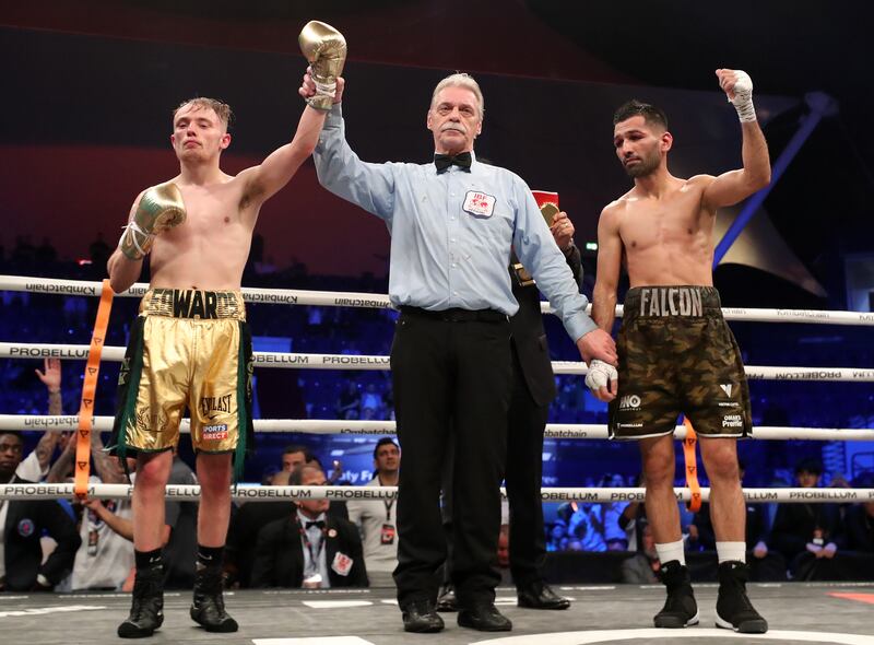 Sunny Edwards has his arm raised in victory after beating Muhammad Waseem on points.