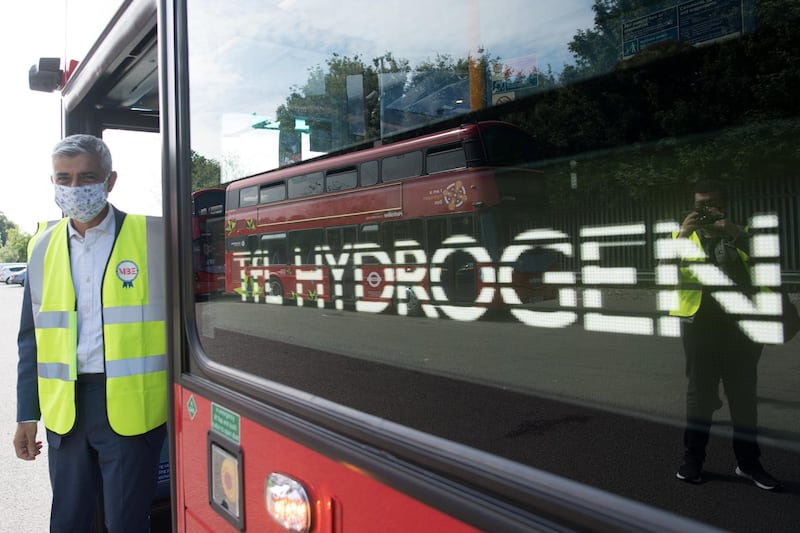 Mayor of London Sadiq Khan visits Perivale Bus Depot, London, for the launch of 20 new hydrogen fuel cell double decker buses which will reduce Transport for London's (TfL) carbon footprint. Picture date: Wednesday June 23, 2021. (Photo by Stefan Rousseau/PA Images via Getty Images)