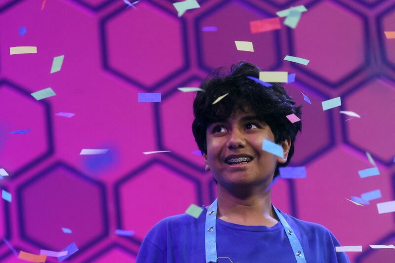 Dev Shah after winning the Scripps National Spelling Bee competition in National Harbour, Maryland. Reuters