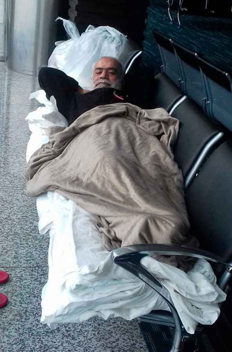 This photo provided by Diario El Universo on June 11, 2018 shows Lebanese citizen Nizam Hussein Shala resting on a bench inside the terminal at the Jose Joaquin de Olmedo Airport in Guayaquil, Ecuador. The 56-year-old man has been stuck at the airport for 42 days due to not having identification or a visa, according to authorities, and thanks to airport workers he eats using their meal tickets and gets access to a shower every few days. (Diario El Universo via AP)
