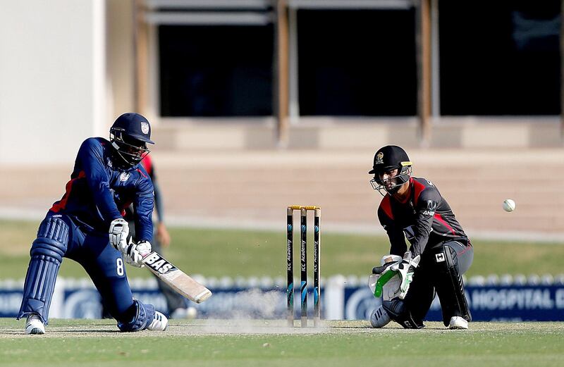 Dubai, March, 16, 2019: Steven Taylor of USA in action against UAE during the T20 match at the ICC Academy in Dubai. Satish Kumar/ For the National / Story by Paul Radley