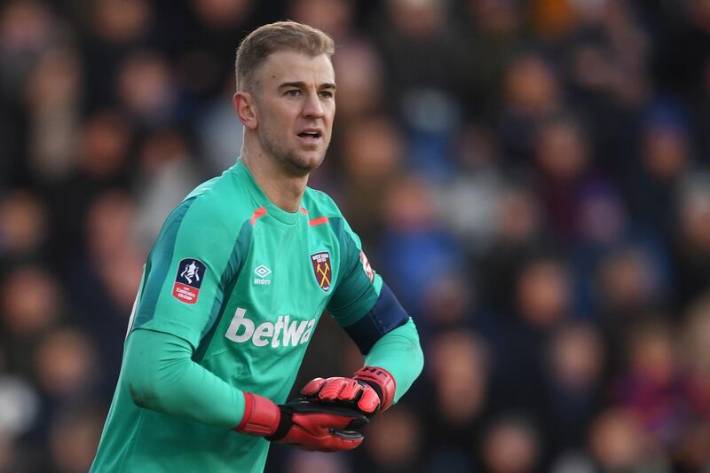 (FILES) In this file photo taken on January 07, 2018 West Ham United's English goalkeeper Joe Hart gestures during the English FA Cup third round football match between Shrewsbury Town and West Ham United at New Meadow stadium in Shrewsbury, western England, on January 7, 2018.
Former England goalkeeper Joe Hart has signed for Burnley from Manchester City, with City chairman Khaldoon Al Mubarak hailing his enormous contribution to the success of the Premier League champions. / AFP PHOTO / Paul ELLIS / RESTRICTED TO EDITORIAL USE. No use with unauthorized audio, video, data, fixture lists, club/league logos or 'live' services. Online in-match use limited to 75 images, no video emulation. No use in betting, games or single club/league/player publications.  / 