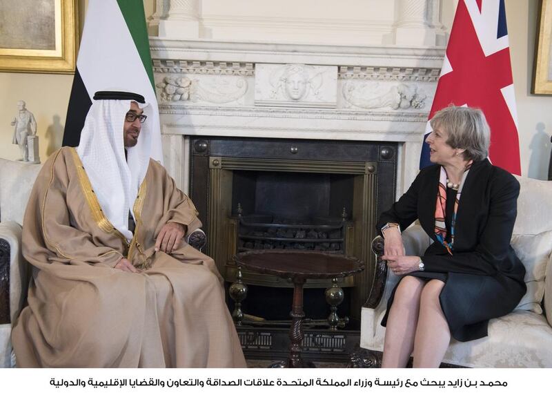 Sheikh Mohammed bin Zayed, Crown Prince of Abu Dhabi and Deputy Supreme Commander of the Armed Forces, meets Theresa May, prime minister of Britain, at No 10 Downing Street. Hamad Al Kaabi / Crown Prince Court – Abu Dhabi