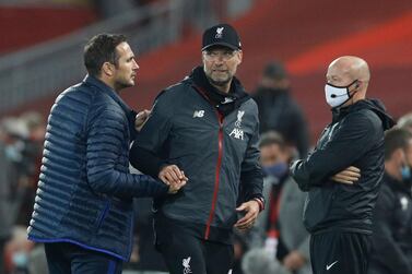 Liverpool manager Juegen Klopp shakes hands with Chelsea's Frank Lampard. Reuters