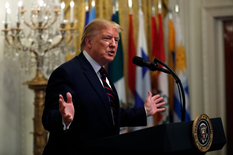 epa07875464 US President Donald Trump speaks during a reception for a Hispanic Heritage Month, at the White House in Washington, DC, USA, 27 September 2019.  EPA/YURI GRIPAS / POOL world rights