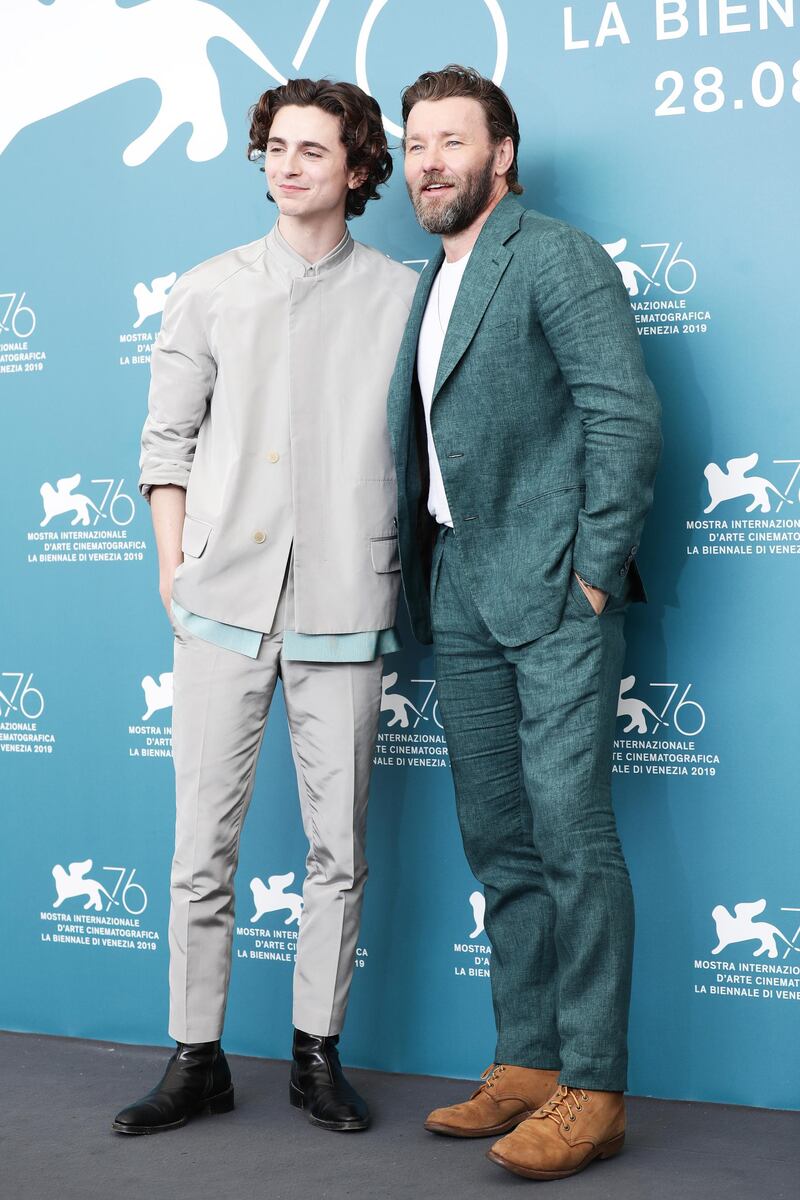 Timothee Chalamet and Joel Edgerton attend 'The King' photocall during the 76th Venice Film Festival on September 2, 2019. Getty