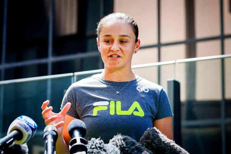 Ashleigh Barty speaks at a press conference in Brisbane after she announced her retirement from tennis. AFP