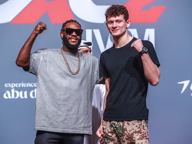 Jiu-jitsu fighters Aljamain Sterling, left, and Chase Hooper face-off during the launch of Abu Dhabi Extreme Championship second edition (ADXC2) at the Mubadala Arena in Abu Dhabi. Victor Besa / The National