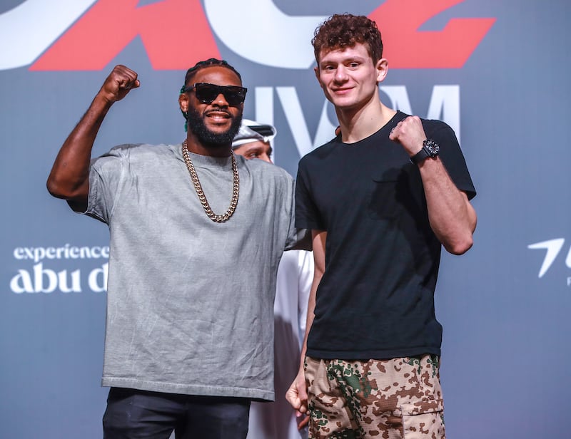 Aljamain Sterling, left, and Chase Hooper face off during the launch of Abu Dhabi Extreme Championship's second edition in Abu Dhabi. All images Victor Besa / The National