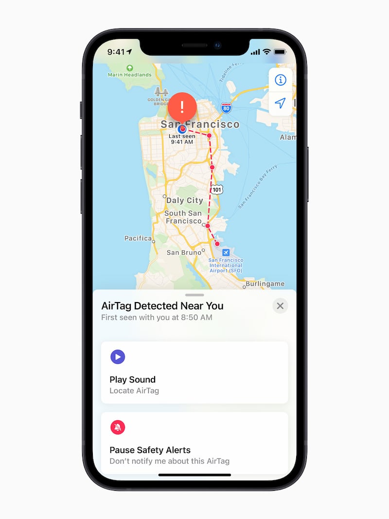 Apple iOS devices can detect an AirTag that isn’t with its owner, and notify the user if an unknown AirTag is seen to be traveling with them from place to place over time.