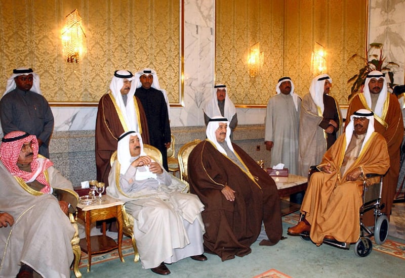 New Emir of Kuwait Sheikh Saad al-Abdullah al-Salem al-Sabah (R), Sheikh Salem al-Ali, cheif of Kuwait's national guard, and Kuwaiti Prime Minister Sheikh Sabah al-Ahmad al-Sabah (2L) receive condolences on the death of Kuwait's Emir Sheikh Jaber al-Ahmad al-Sabah, at the al-Bayan palace 17 January 2006 in Kuwait City. Kuwaitis breathed a sigh of relief at the smooth transition of power after the death of their emir, but the poor health of the oil-rich state's new ruler Sheikh Saad al-Abdullah al-Sabah, the appointment of a crown prince and other succession issues remain to be sorted out. AFP PHOTO/KUNA/HO (Photo by KUNA / AFP)