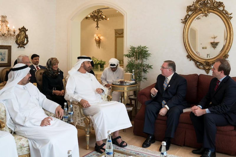 ABU DHABI, UNITED ARAB EMIRATES - October 29, 2018: HH Sheikh Mohamed bin Zayed Al Nahyan, Crown Prince of Abu Dhabi and Deputy Supreme Commander of the UAE Armed Forces (2nd L), meets with Joel C Rosenberg, Evangelical Christian and Chairman of The Joshua Fund  (2nd R) at Sea Palace. Seen with HE Dr Ali Rashid Al Nuaimi, Chairman of the Department of Education and Knowledge and Abu Dhabi Executive Council Member (L).

( Mohamed Al Hammadi / Crown Prince Court - Abu Dhabi )
---