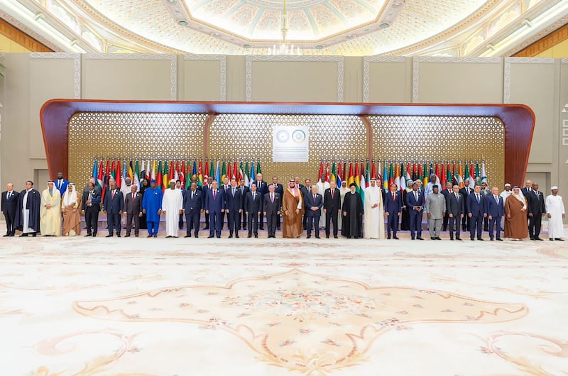 A group picture ahead of an emergency meeting of the Arab League and the Organisation of Islamic Co-operation in Riyadh. AFP