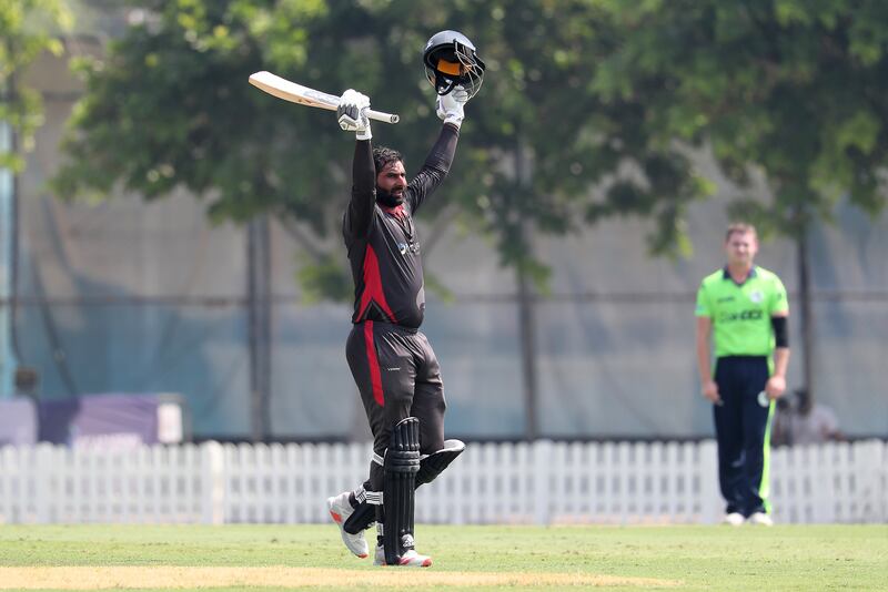 Mohammad Waseem celebrates after scoring his century against the Ireland.