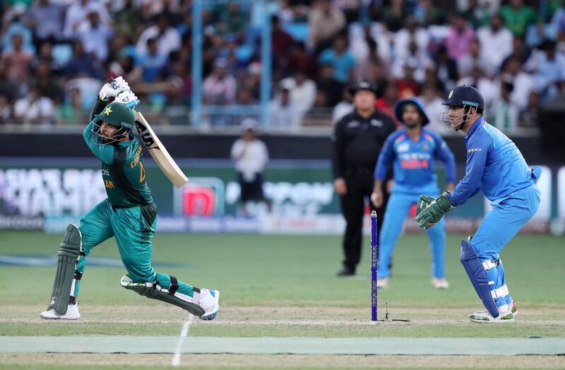 DUBAI , UNITED ARAB EMIRATES, September 19 , 2018 :- Faheem Ashraf of Pakistan playing a shot during the Asia Cup UAE 2018 cricket match between Pakistan vs India held at Dubai International Cricket Stadium in Dubai. ( Pawan Singh / The National )  For Sports. Story by Paul 