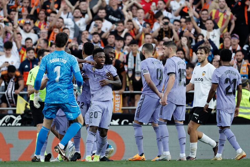 Real Madrid's Vinicius Junior reacts after receiving a red card. EPA