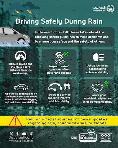 Dubai Police released advice to residents on how to drive safely during rainfall. Photo: Dubai Police