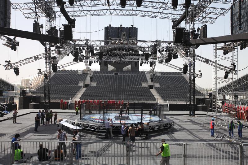 April 8, 2010/ Abu Dhabi /  The octagon for UFC 112 is almost completed at Ferrari World on Yas Island April 8, 2010. (Sammy Dallal / The National)


