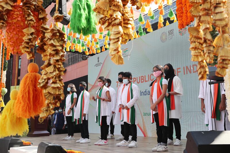 Students performing during India’s 73rd Republic Day celebrations at the India Pavilion in Expo 2020 Dubai. The National