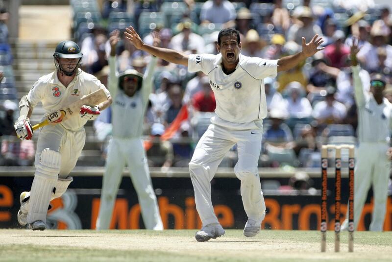 PERTH, AUSTRALIA - JANUARY 17: Irfan Pathan of India takes the wicket of Cris Rogers of Australia LBW during day two of the Third Test match between Australia and India at the WACA on January 17, 2008 in Perth, Australia. (Photo by Robert Cianflone/Getty Images)