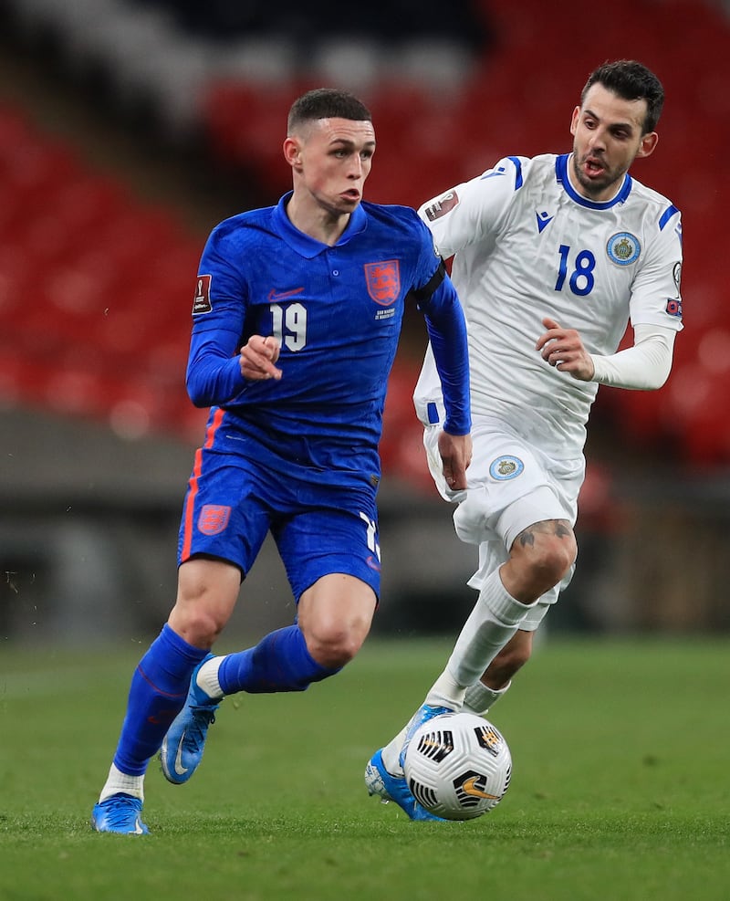 England's Phil Foden on the attack at Wembley. Reuters