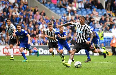 CARDIFF, WALES - AUGUST 18:  Kenedy of Newcastle United takes a penalty and misses during the Premier League match between Cardiff City and Newcastle United at Cardiff City Stadium on August 18, 2018 in Cardiff, United Kingdom.  (Photo by Dan Mullan/Getty Images)