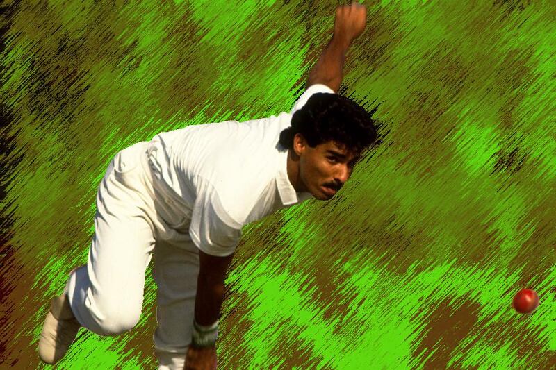 Waqar Younis, bowling early in his career. Photo: Ben Radford / Allsport; Illustration: Jonathan Raymond / The National