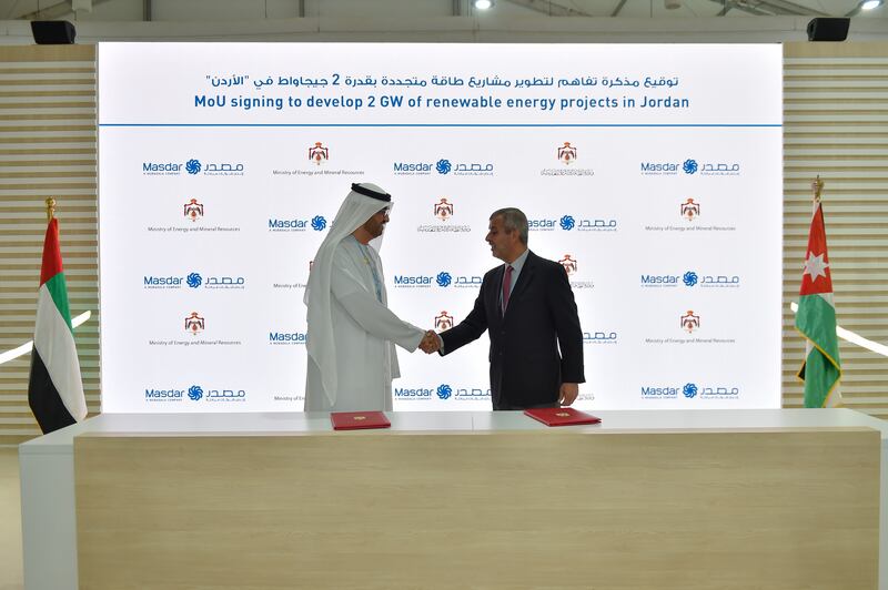 Dr Sultan Al Jaber, UAE Minister of Industry and Advanced Technology, Special Envoy for Climate Change and chairman of Masdar, and Saleh Al-Kharabsheh, Jordan’s Minister of Energy and Mineral Resources, on Thursday signed the agreement to explore renewable energy projects in Jordan. Photo: Masdar